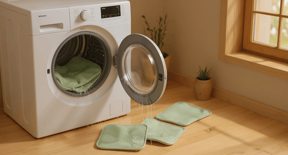 White washing machine with open door on a wooden floor, with green towels inside and on the floor.