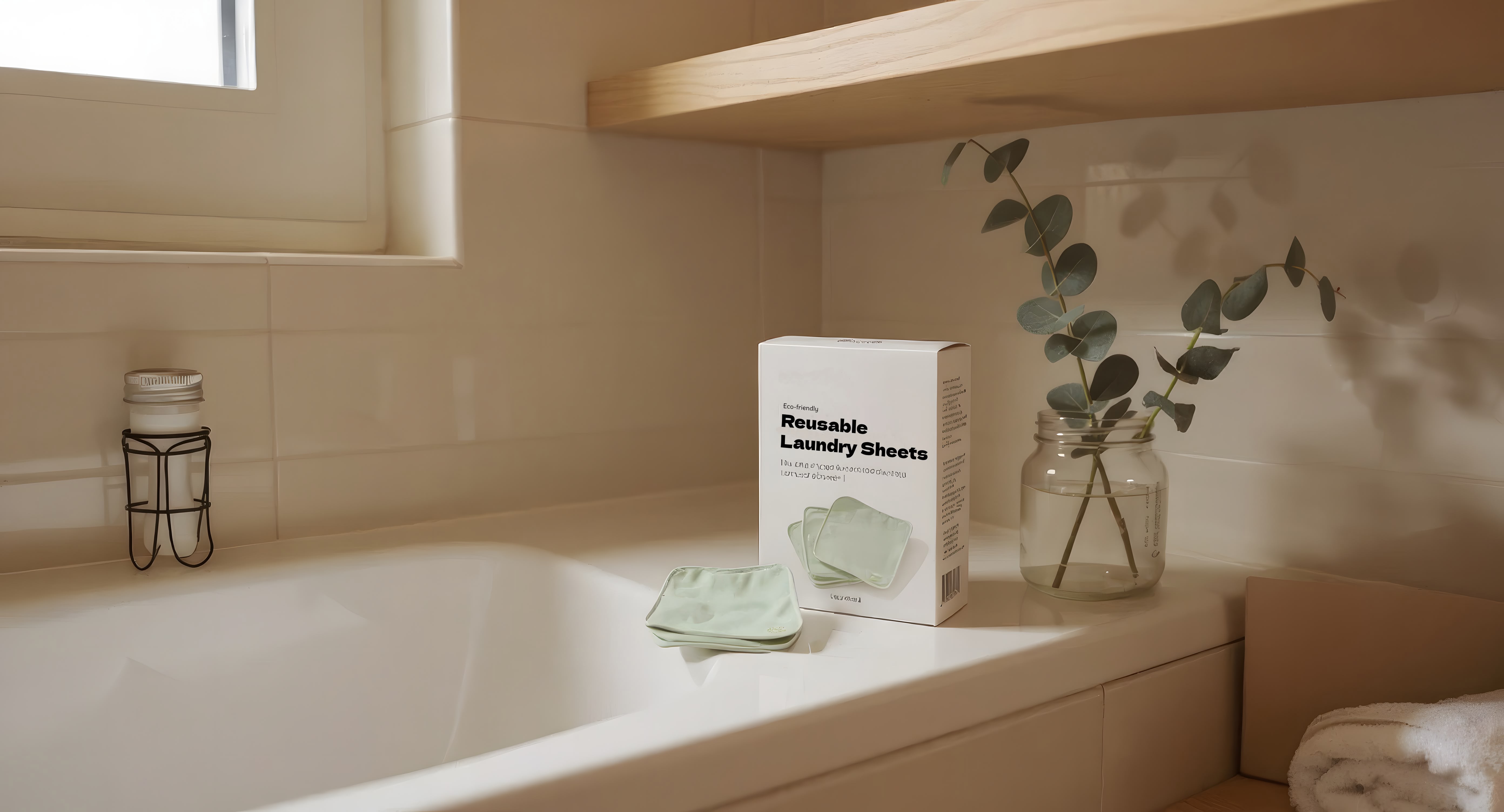 Box of reusable laundry sheets on a bathroom counter with a plant and bottles in the background.